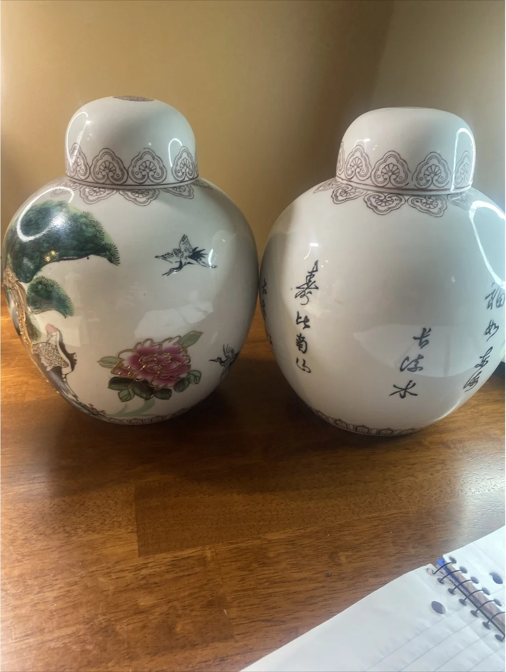 CHINESE OR JAPANESE ASIAN VASE CADDY JAR POEM PAINTED MORIAGE LOTUS BIRDS PAIR